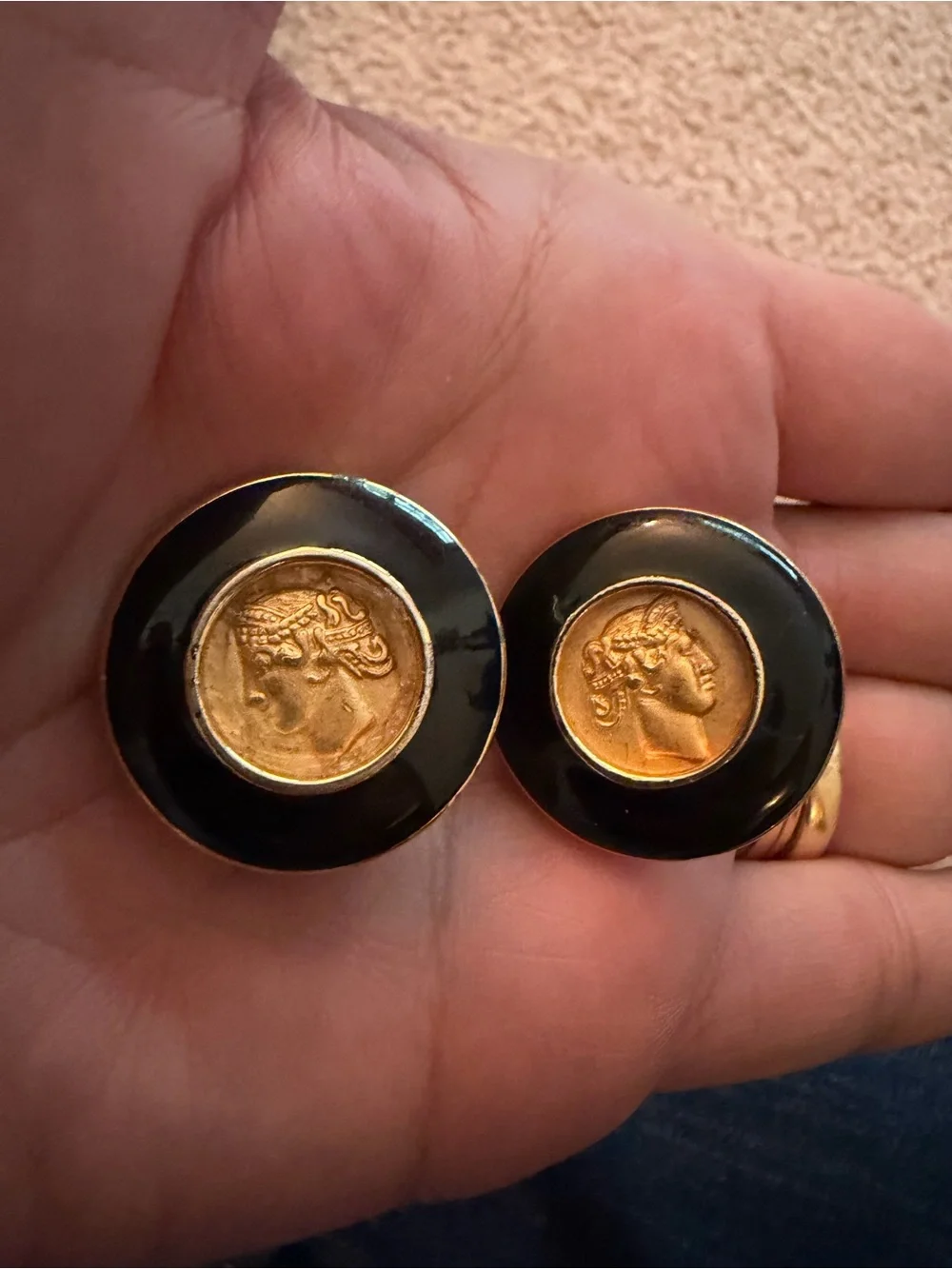Vintage Monet Black Gold Tone Coin Medallion Clip On Earrings Signed 1 Inch